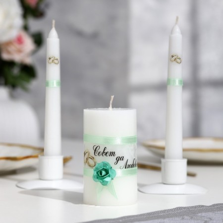 A set of wedding candles "Council and love with a rose" mint: parental 1.8x15cm, hearth 5x9.5cm