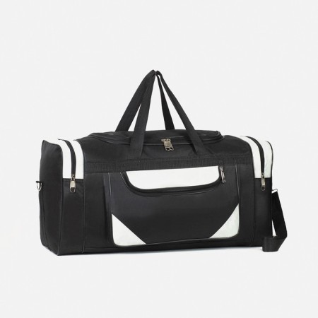 Road bag, 3 parts on zippers, external pocket, long belt, black color