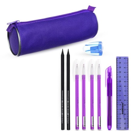 Cleaning set 10 items (pencil case is 65 x 210 mm, pens 4 pieces Blue, ruler 15 cm, sharpener, pencil 2 pieces, texture), purple