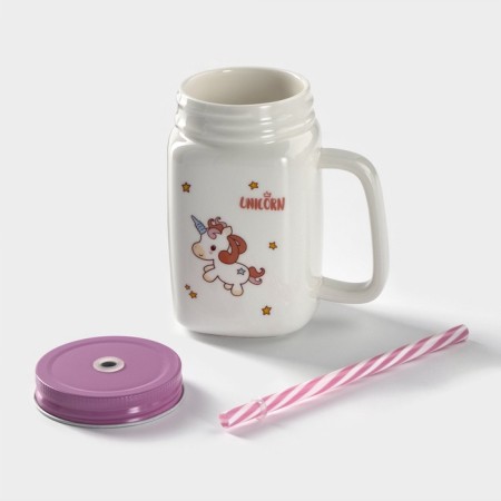 Ceramic mug with a metal lid and a unicorn tube, 450 ml, color mix-2
