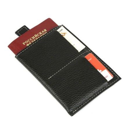 Label cover for a passport, 2 pockets for cards, 1 for money, black fleet