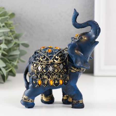 Souvenir Polystone "Blue Elephant in Popon with a golden pattern and mirrors" 14x7x11 cm