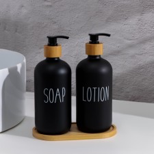A set of bathroom dispensers on a tray of bamboo, 500 ml, glass, black color