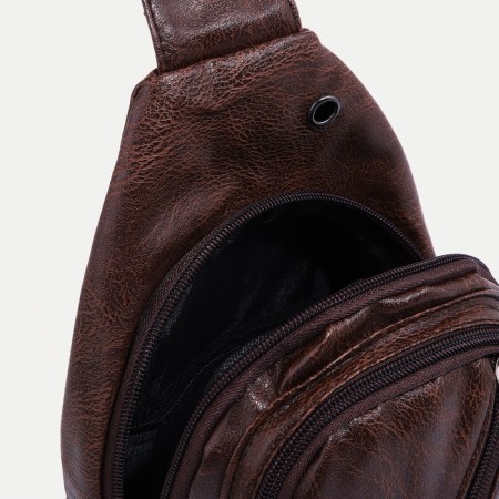 Male sling bag, artificial leather, headphone opening, brown color-5