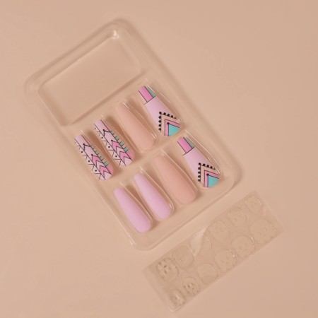 Follow Nails "Pattern", 12 pcs, with adhesive plates, ballerina shape, multi -colored-1