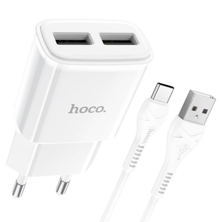 Network charger Hoco C88A, 2 USB, 2.4 A, Type -C - USB, 1 m, white cable-1
