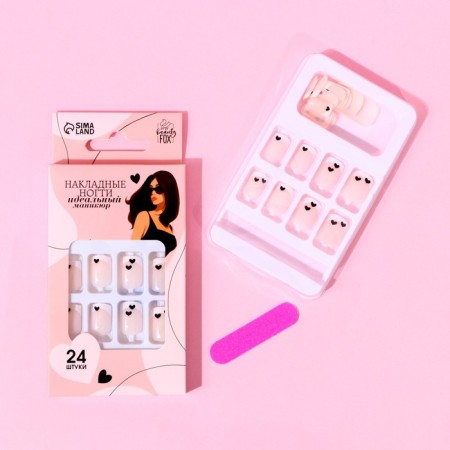 Follow nails “Tenderness”, 24 pcs, adhesive plates, square shape, glossy pink/white/black color-1