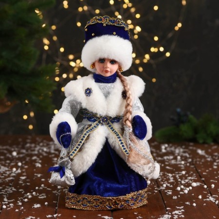 Snow Maiden "In a fur vest with brooches" a long dress, moves, 30 cm, silver-blue