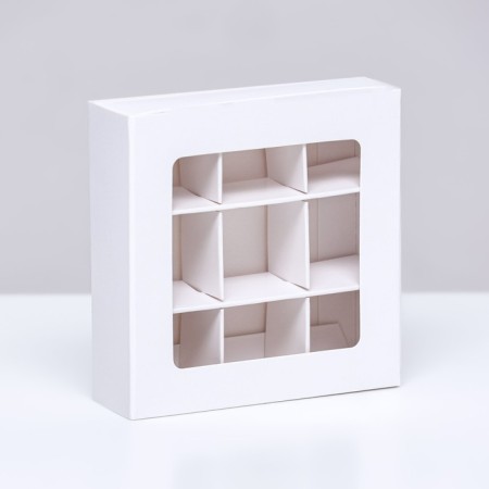 Box for sweets 9 pieces, 8.7 x 8.7 x 2.5 thin separators, white