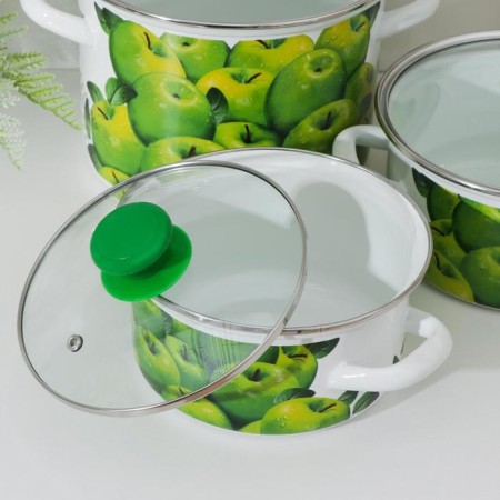 Set of pots "late apples", 3 items: 1.5 l, 2.3 l, 5 l, glass covers, induction-1