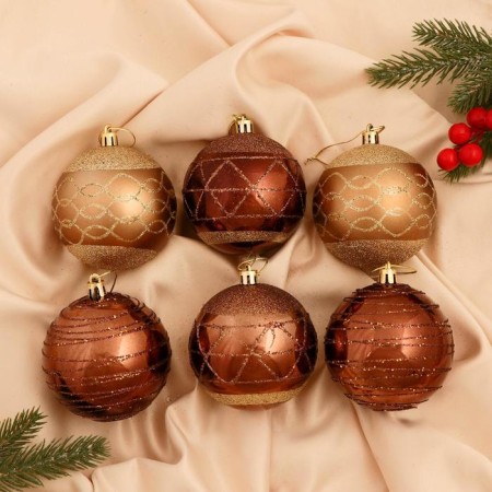 Set of balls Plastic D-8 cm, 6 pcs "Cornelia Assorted Patterns" golden brown
