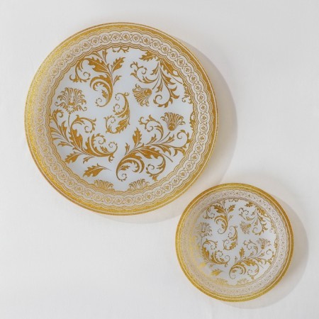 Set of table "Plant pattern", 7 objects: D = 30 cm - 1 pc, d = 18 cm - 6 pcs, white color with golden-1