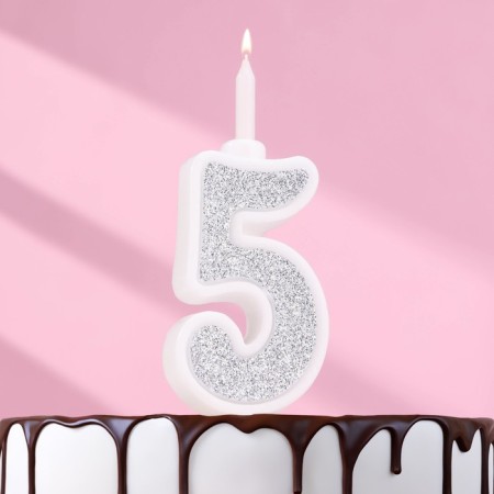 Candle for Cake "Super Blood", 10.4 cm, number "5", silver sparkle