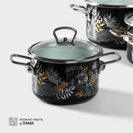Set of pan Magia, 2 l, 3 l, 4 l, glass cover, induction, black-1