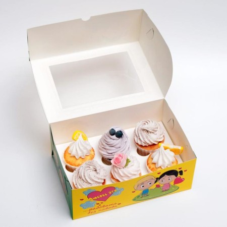 Packaging for 6 cupcakes with the window "Love is...", yellow, 25 x 17 x 10 cm-4