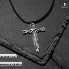 Unisex “Sword” Carved, Color Black Silver on a Black Cord, 41 cm