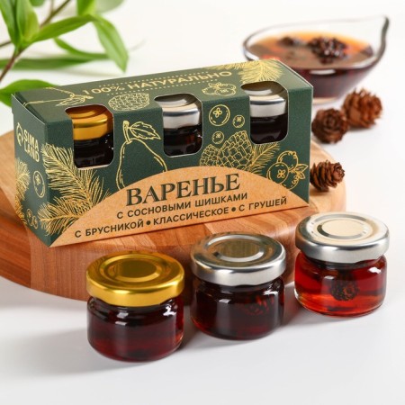 A set of jam with pine cones “Graphics”: with lingonberries, classic, with pears, 90 g (3 pcs. X 30 g).