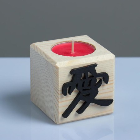 A candle in a wooden candlestick "Cube, hieroglyphs. Love", Cherry aroma