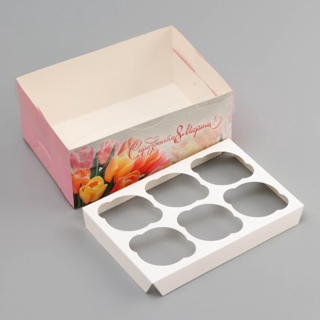 Box for 6 cupcakes with a transparent cover, "Happy March 8", 23 × 16 × 10 cm, confectionery packaging-4