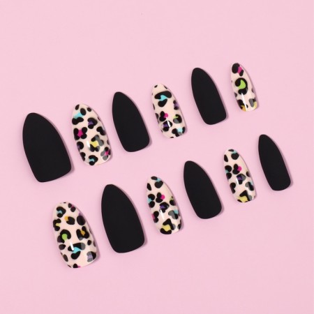 Leo patching nails, 12 pcs, with glue plates, almond shape, black, beige-1