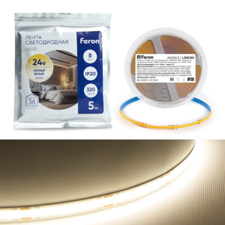 LED strip Feron 5 m, IP20, COB, 320 LED/m, 10 W/m, 24 V, glow warm white