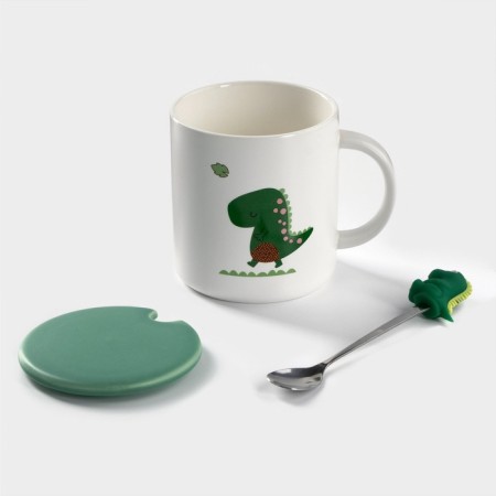 Ceramic mug with a lid and a spoon "Dino", 320 ml, Mix drawing-3