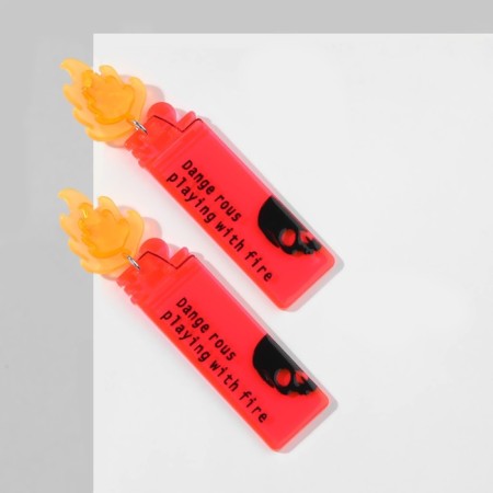 Acryl Earrings "Lighters" dangerous fire, yellow-pink color in silver-1