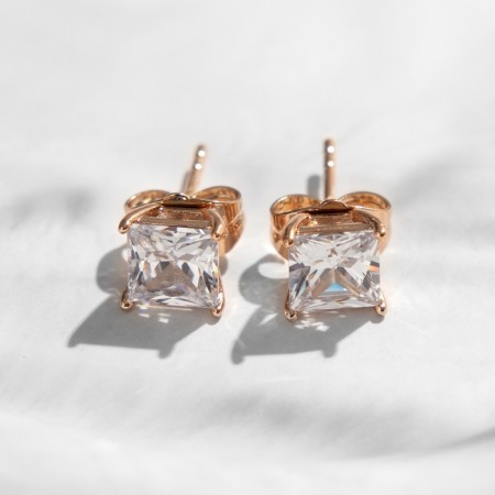 Earrings with rhinestones Xuping Cuts, square, white color in pink gold-1