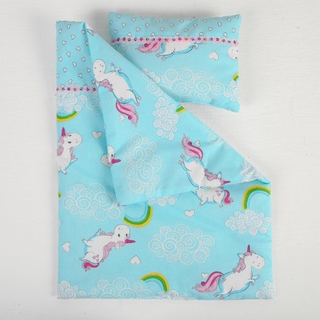 Bed linen for puppet "Unicorn on Blue", sheet, blanket, pillow-2
