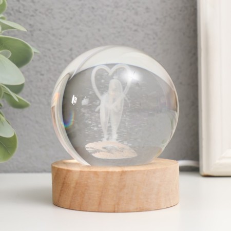 Souvenir glass backlight "Two dolphins" d = 6 cm stand wood, usb 6.5x6.5x7.5 cm-2