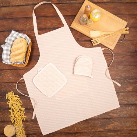 Kitchen set "Strips" apron 60x70cm, tack 20x20cm, mittens 12x15cm, beige color, 50%p/e, 50%HL