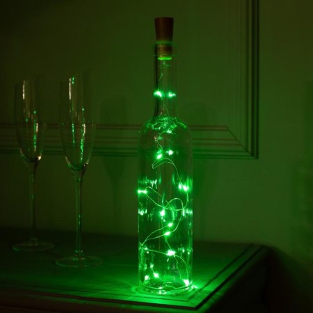 Garland “thread” 1 m dew with a cork, IP20, silver thread, 10 LED, green glow, lr44x3