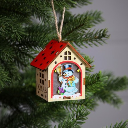 Christmas tree toy "House with a snowman", from batteries, a glow of warm white-1