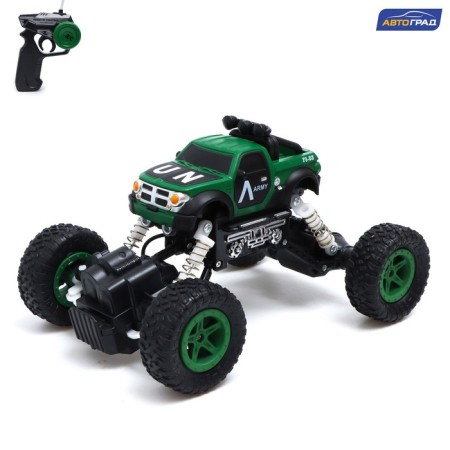 The radio -controlled “Army” jeep works on the battery, the color is green