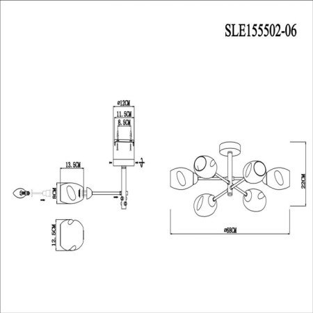 Ceiling EVOLUCE lamp. Sle155502-06. Gloa. 6x40 watts, E14, 68x68x22 cm, black color, brass-12
