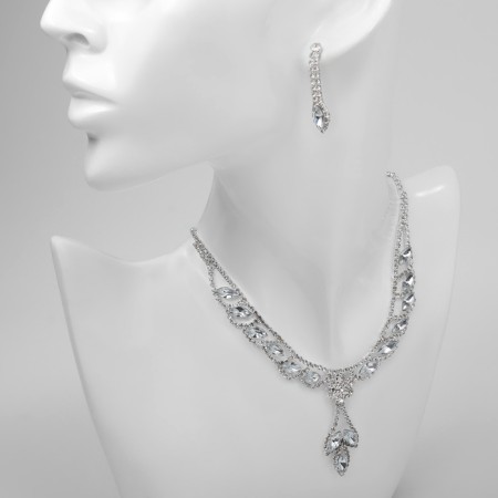 Set 2 objects: earrings, necklace necklace rhombus, white color in silver, 45 cm