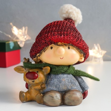 Polystone souvenir "Boy in a red cap with a deer" 11x9.5x12.5 cm