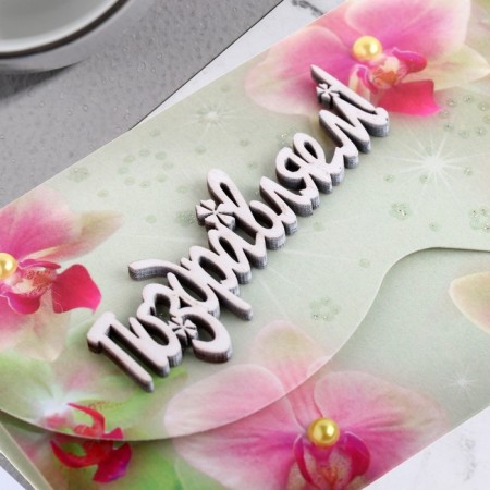 Money envelope "Congratulations!" glitter, pink orchids, 19x9 cm-1