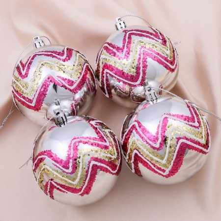 Set of balls plastic D-8 cm, 4 pcs "Bright zigzag" silver-pink