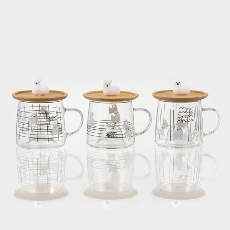 Glass mug with a wooden lid "Lama", 300 ml, Mix drawing-1