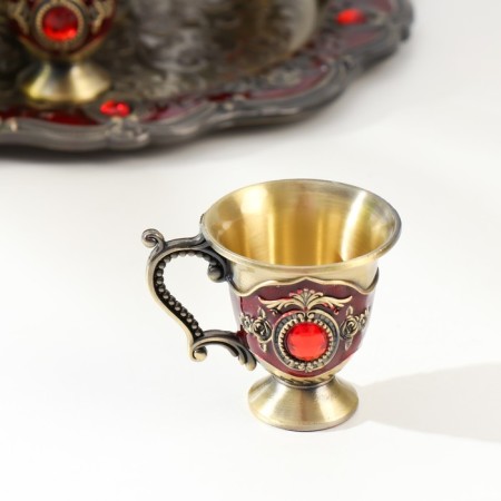 Set of tea jug, 6 glasses and tray "Istanbul. Roses and patterns" red with gold-1