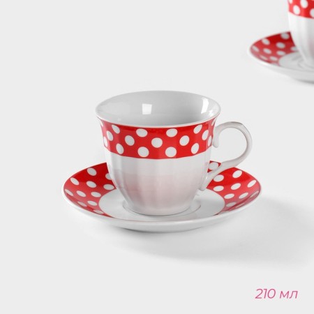 Tea Ceramic Dolyana Service "Peas", 4 items: 2 cups 210 ml, 2 saucers d = 14 cm, red red color-2