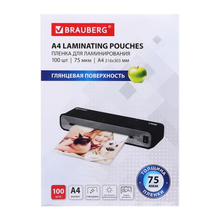 A4 216x303 mm lamination film, 75 μm, 100 pieces, glossy, Brauberg 530800-6