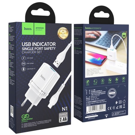 Network charger Hoco N1, 1 USB, 2.4 A, Lightning cable - USB, 1 m, white-2