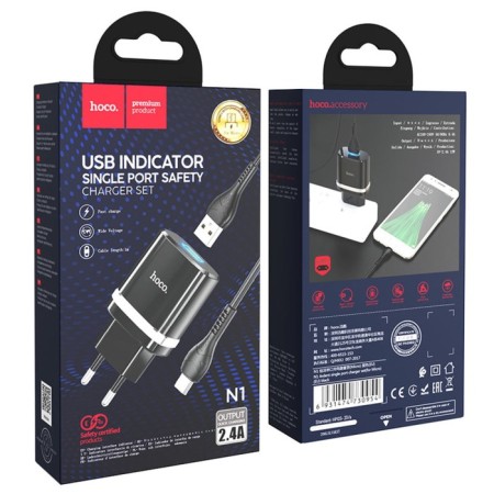Network charger Hoco N1, 1 USB, 2.4 A, Micro USB -USB, 1 m, black cable-4