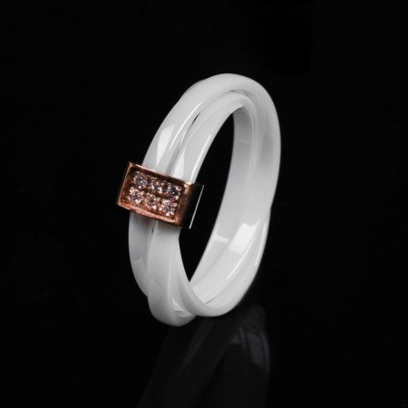 Ring ceramics "Three threads", white color in gold, 18 size-2