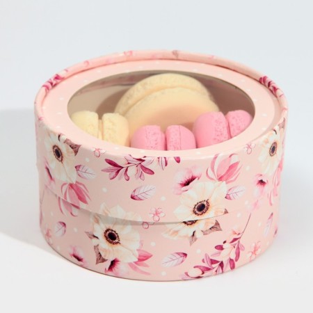 Makarun box, confectionery packaging tube with a window, “pink flowers” ​​12 x 12 x 5 cm-3