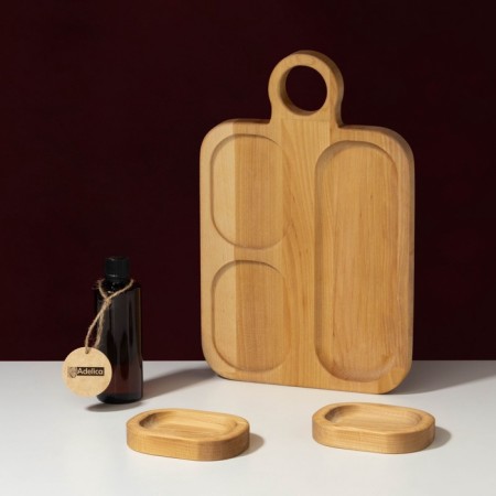 Gift set of ADELICA wooden dishes, serving 3 sections, 2 Menzhitsa removable, oil as a gift 100 ml, birch-1