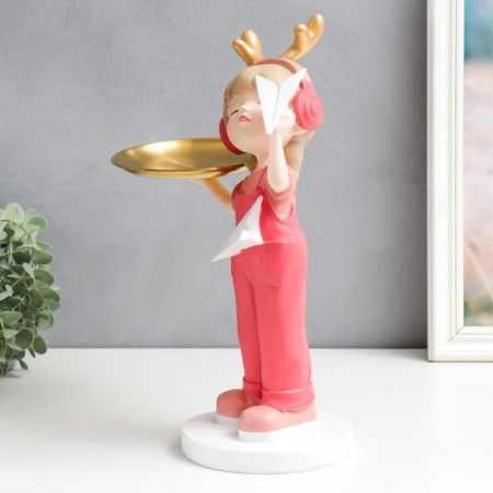 Souvenir Polystone stand "Baby with paper aircraft" pink 35x21x13 cm-3