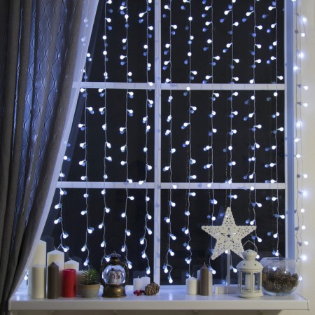 Garland "Curtain" 2 × 1.5 m with nozzles "Balls", IP20, transparent thread, 360 LED, white glow, 8 modes, 220 V